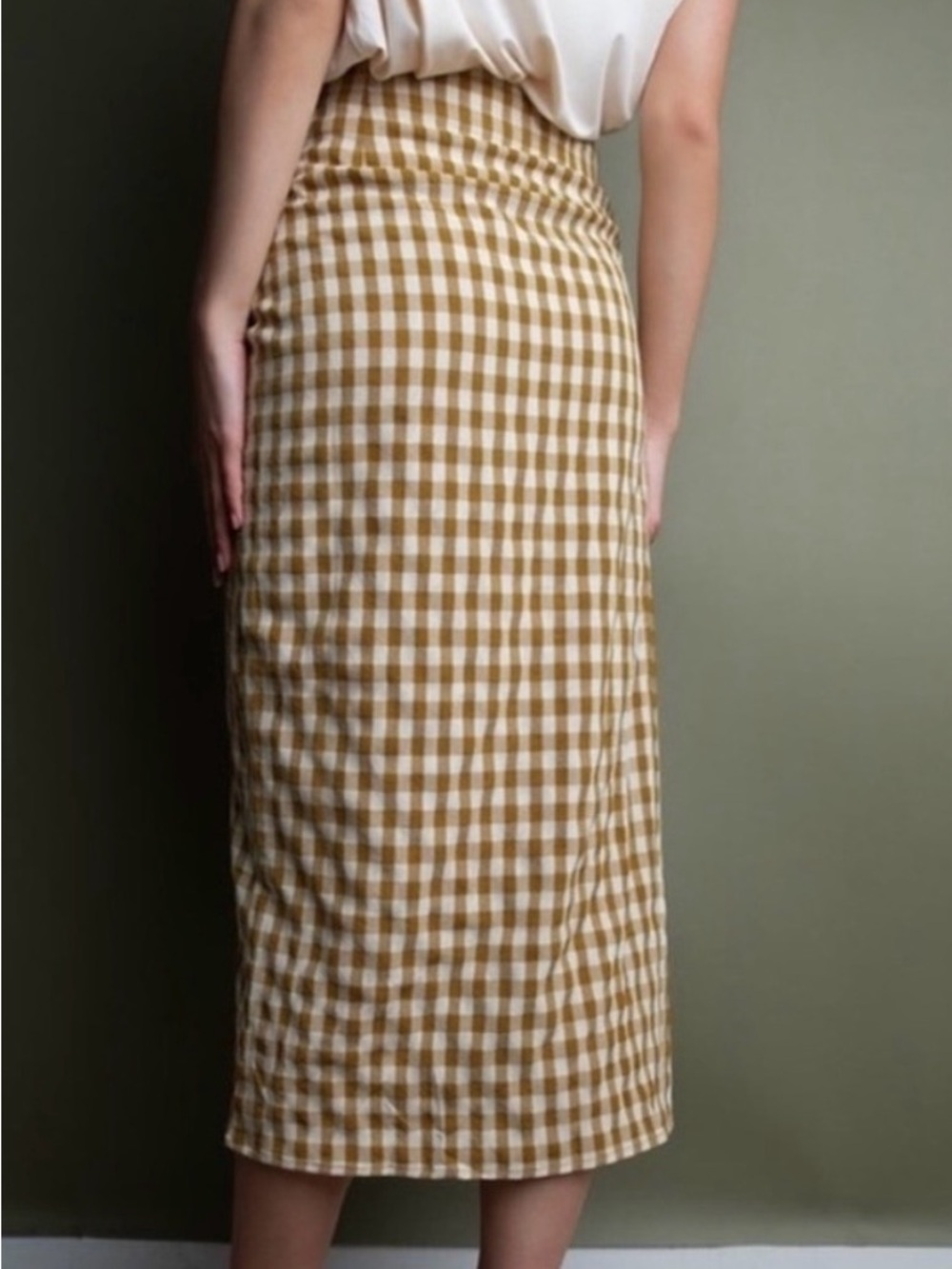 NWOT Miou Muse Mustard and Cream GINGHAM Skirt Tie Front Midi Medium - Picture 3 of 6